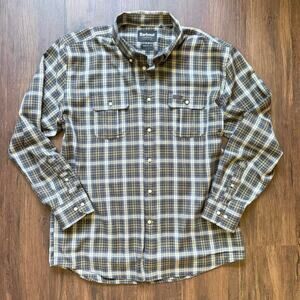 Barbour Plaid Button-Down Shirt Blue Brown Tan Regular Fit Size XL